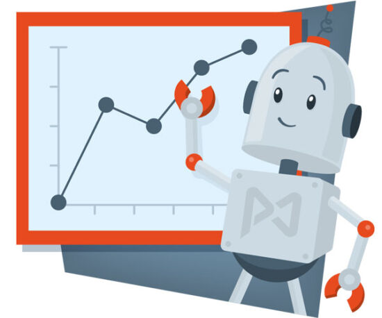 Seo for Small Business course robot standing in front of a positive pointing graph.